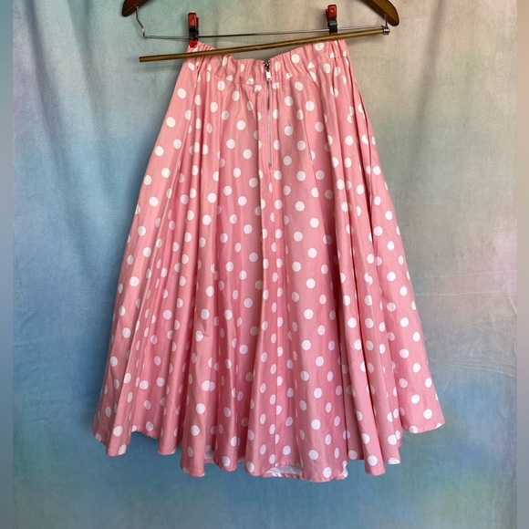 MAGGIE TANG Retro Pink Polka Dot 50s Cotton Circle MIDI Skirt w/ Zipper, Pockets - Picture 4 of 6